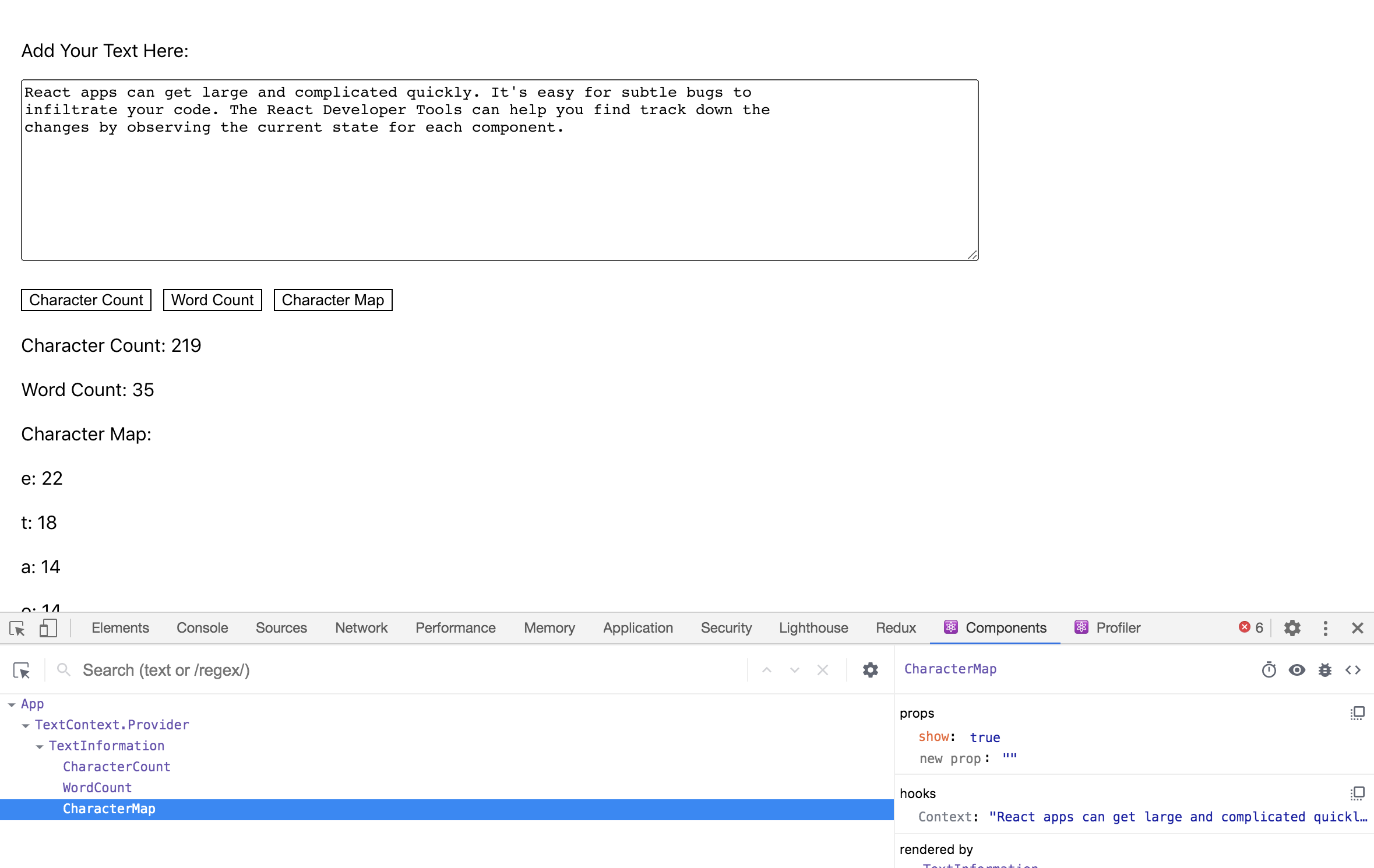 React 开发者工具中的 CharacterMap 组件