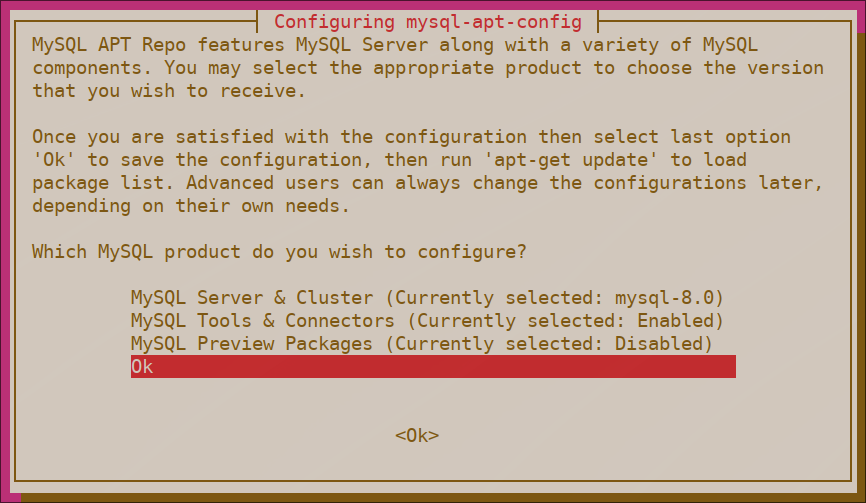 选择 mysql-apt-config 配置选项