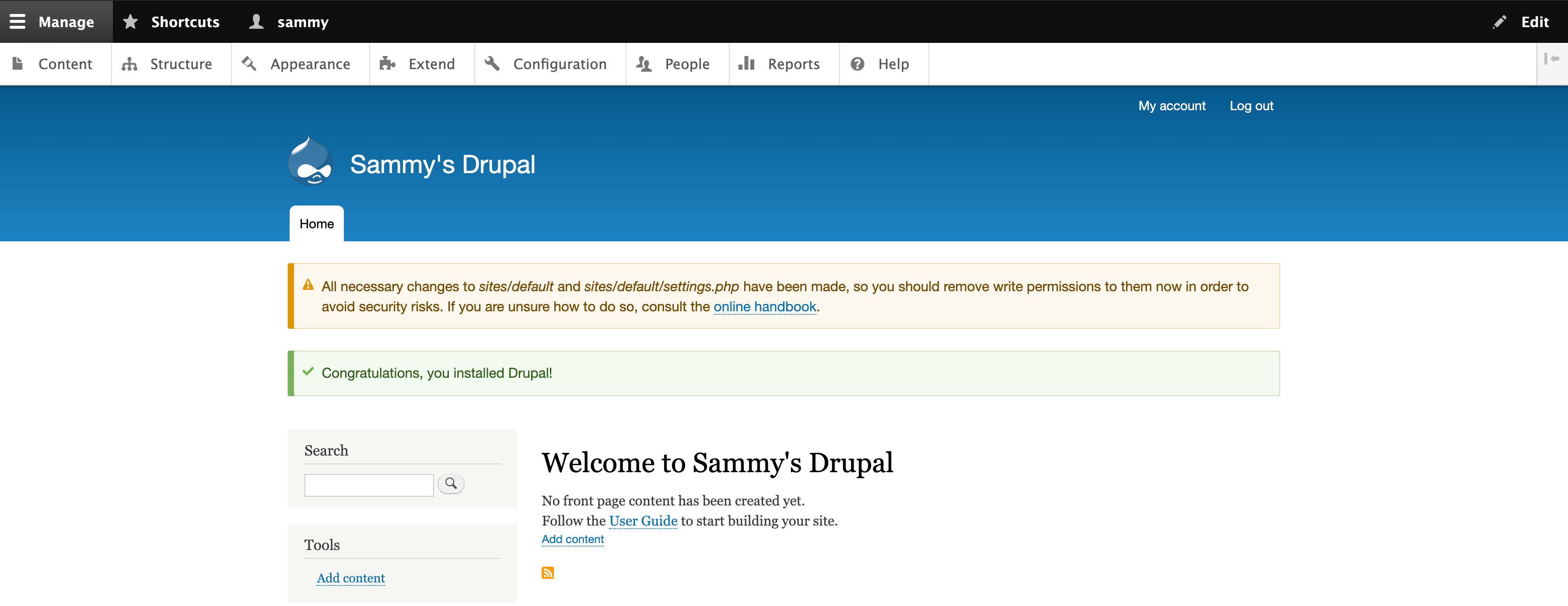 Drupal 9 欢迎消息，其中包含有关权限的警告