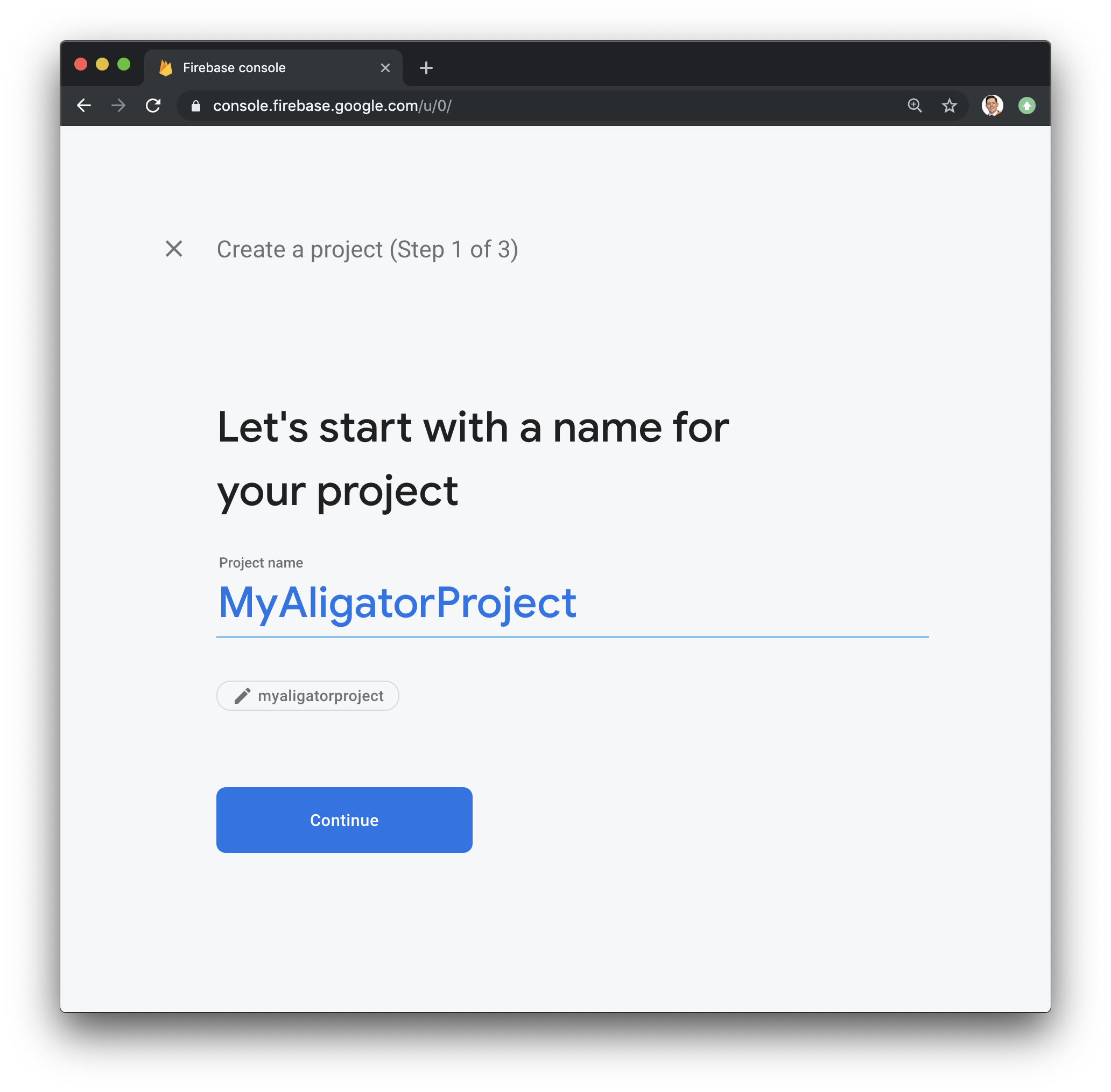 创建新项目的第 1 步的 Firebase 页面屏幕截图 - 提供项目名称。