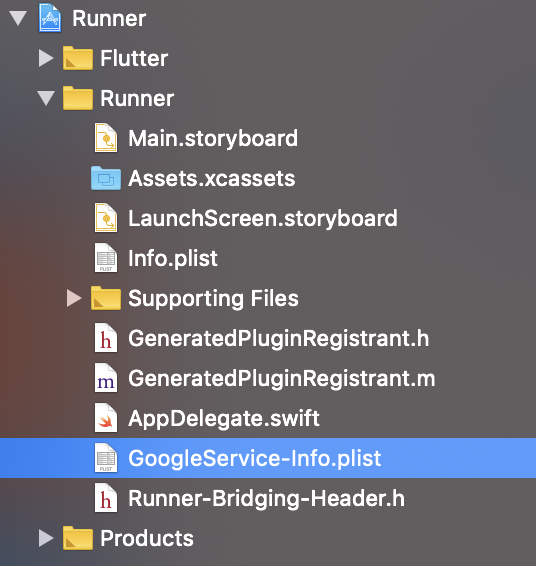 Xcode 中项目的屏幕截图，其中包含 Runner 目录中的 GoogleService-Info.plist 文件。