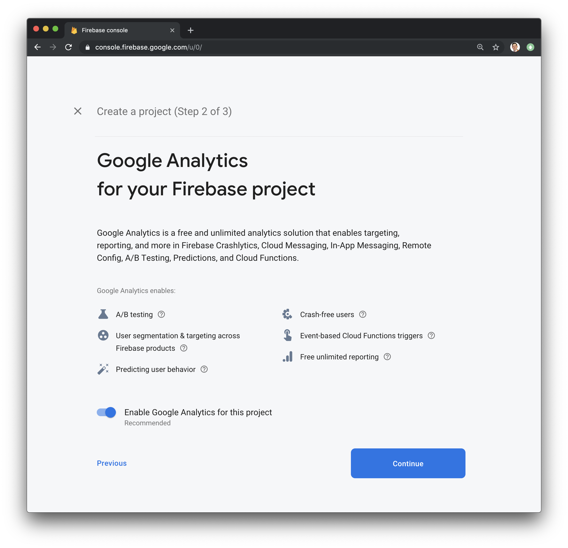 创建新项目的第 2 步的 Firebase 页面屏幕截图 - 添加 Google Analytics。