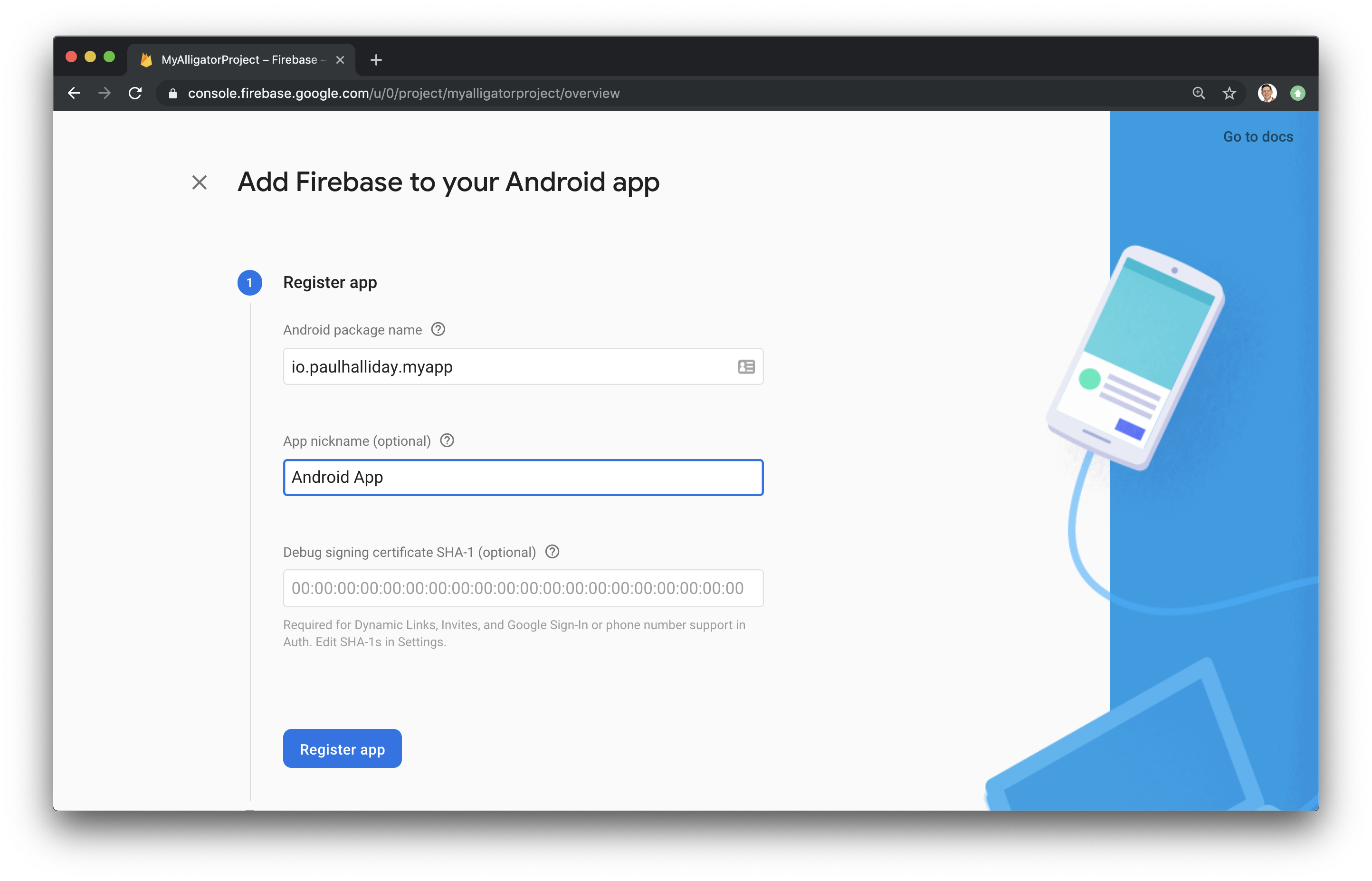 用于将 Firebase 添加到您的 Android 应用的页面的屏幕截图。 填写了 Android 包名称和应用程序昵称的字段。