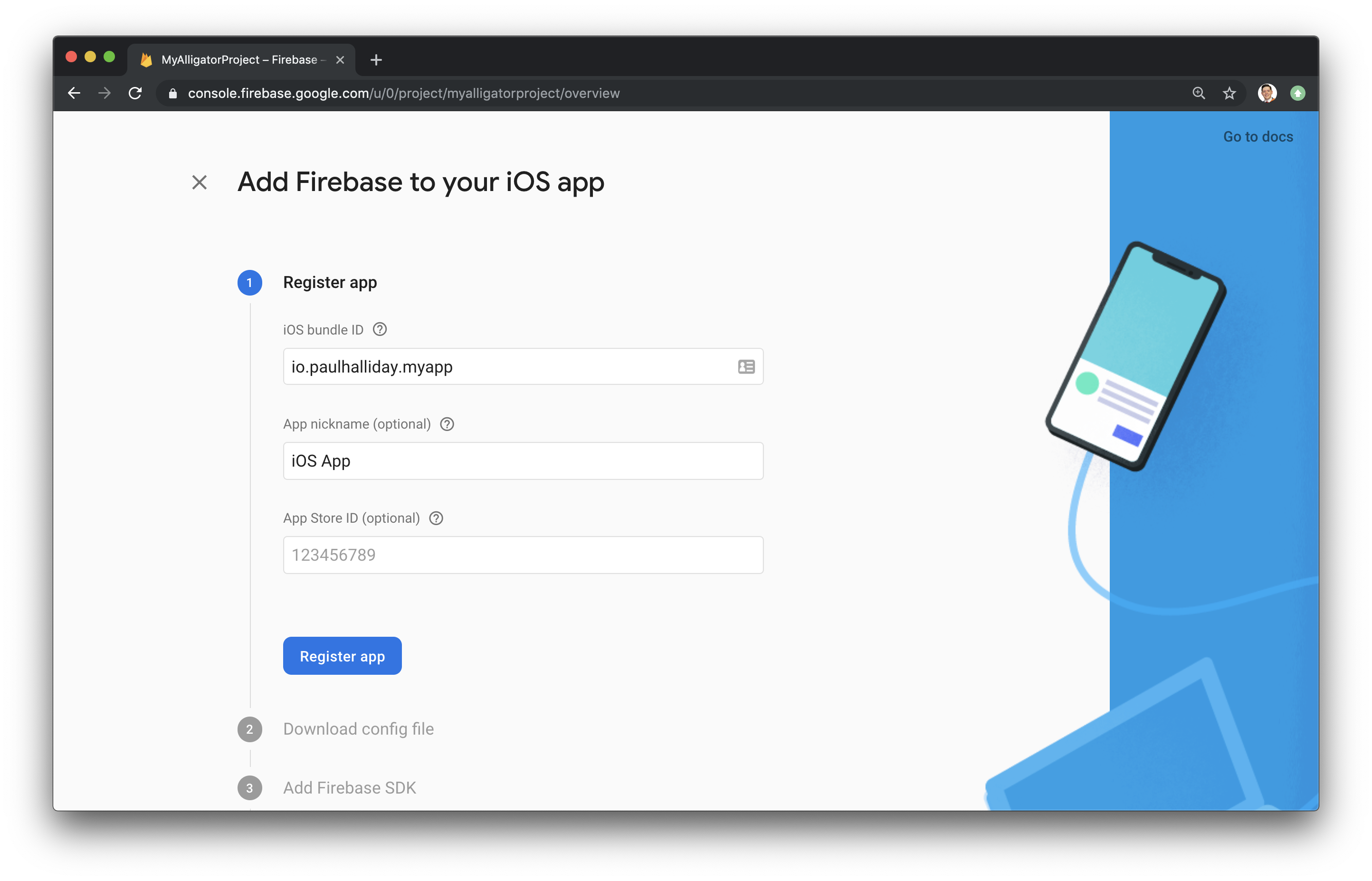 用于注册应用程序和提供 iOS Bundle ID 的 Firebase 页面的屏幕截图。