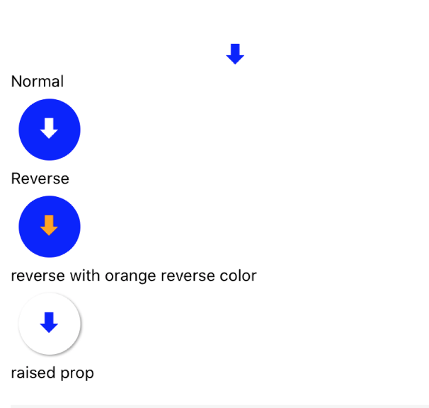 向下箭头的屏幕截图。 还有三个例子。 正常样式描绘了一个圆形的蓝色圆圈，中间有一个向下的白色箭头。 反向样式描绘了一个圆形的蓝色圆圈，中间有一个指向下方的橙色箭头。 凸起的样式描绘了一个带有阴影的圆形白色圆圈，中心有一个向下的蓝色箭头。