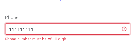 具有无效电话号码的输入字段的屏幕截图。 输入以红色边框突出显示，并且有一条错误消息指示该字段期望电话号码值为 10 位长。