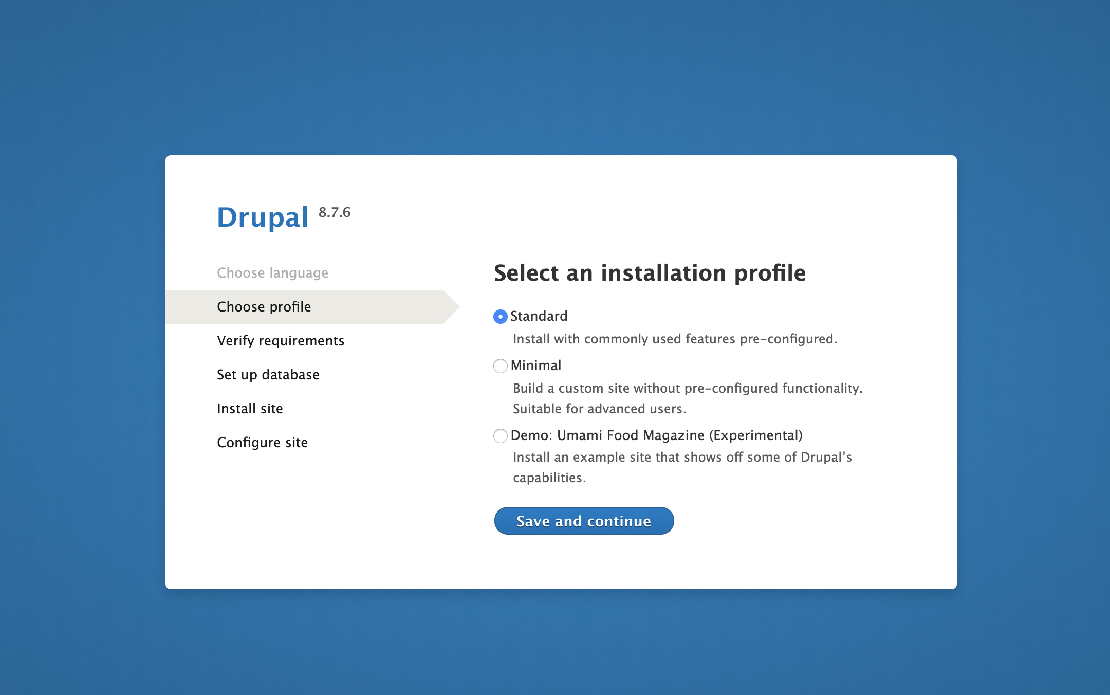 在 Drupal 网络界面上选择个人资料页面