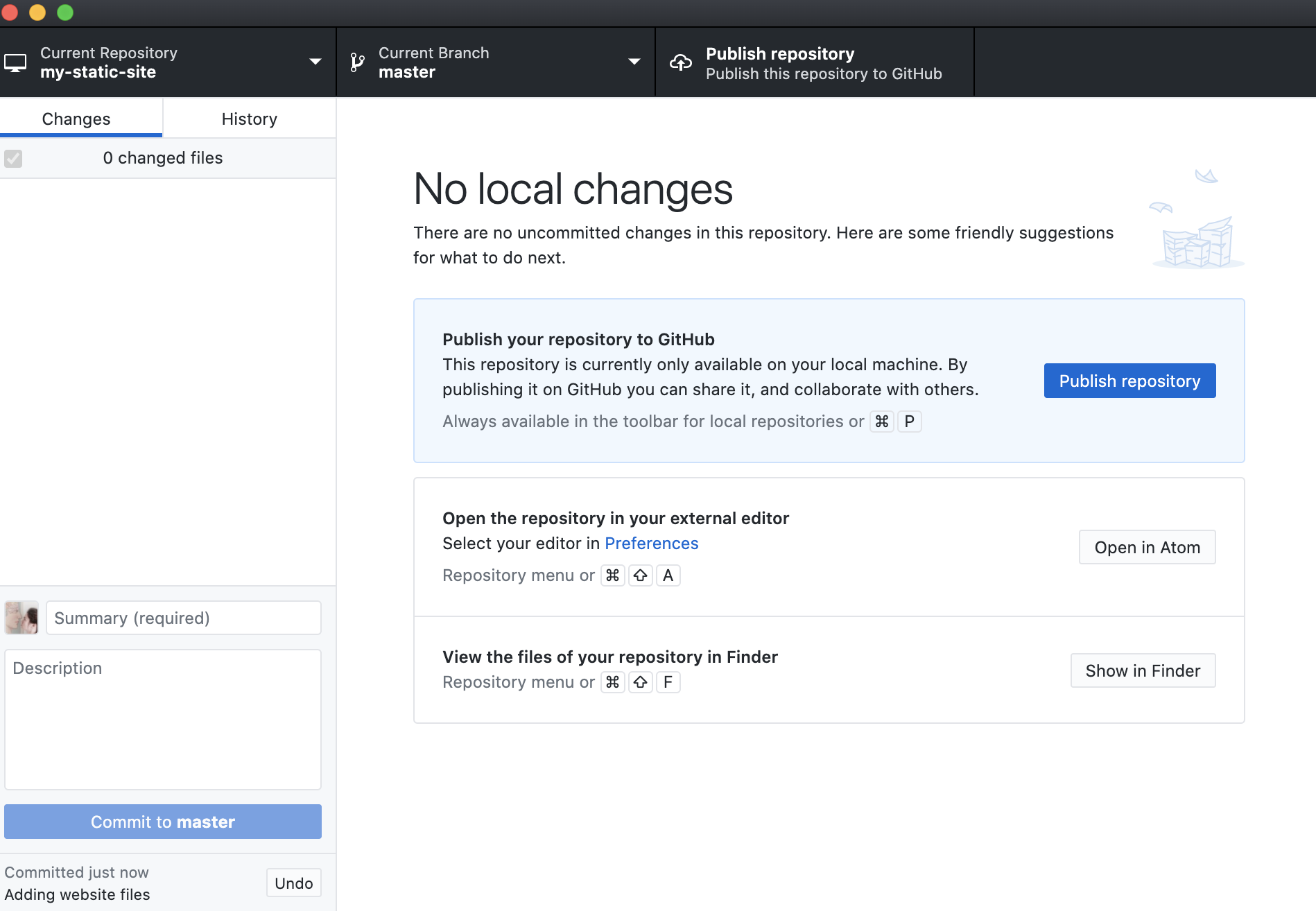 GitHub 桌面应用程序上发布到 GitHub 选项的图像