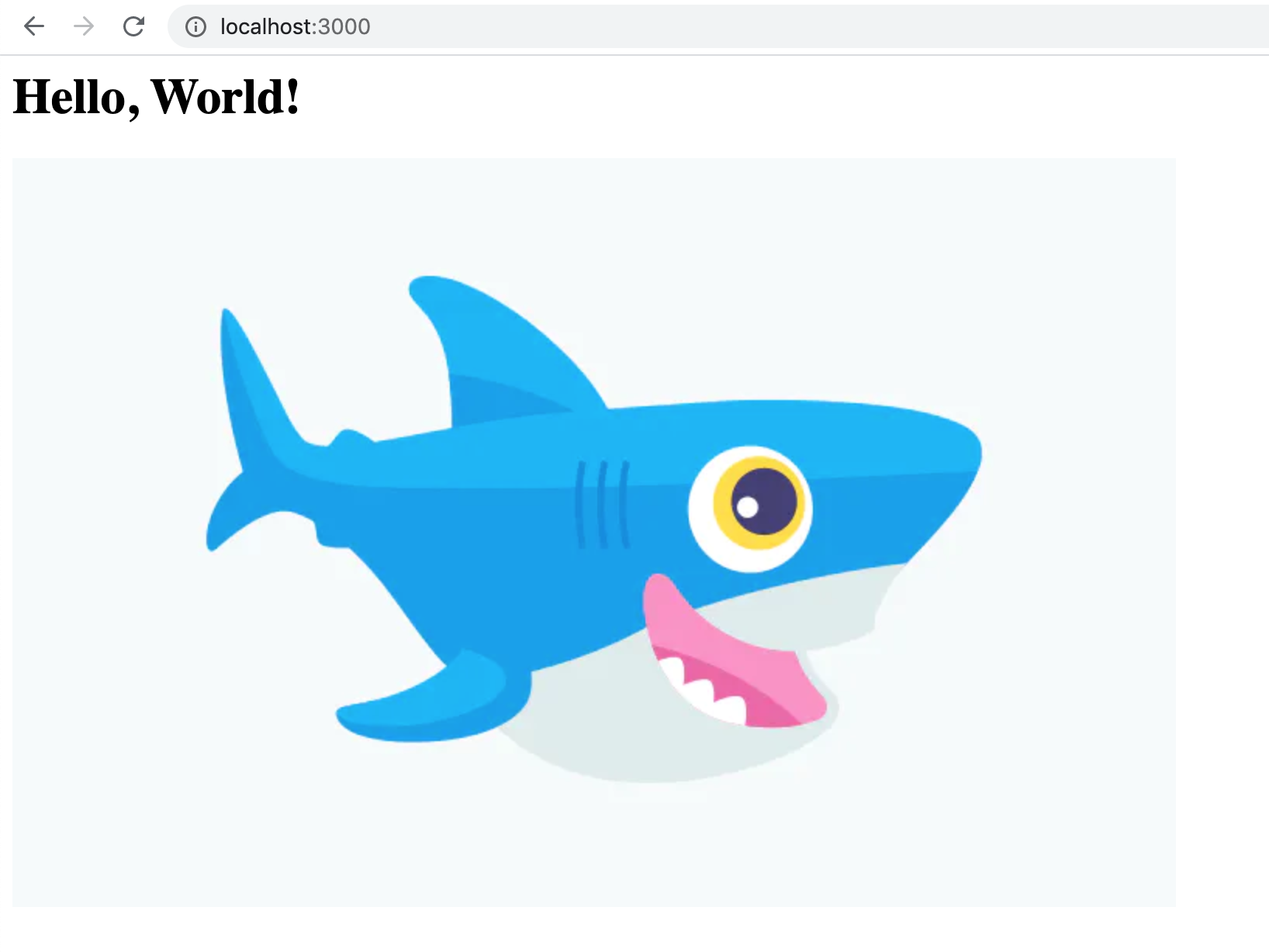 显示 Hello World 消息和鲨鱼图像的网页屏幕截图。